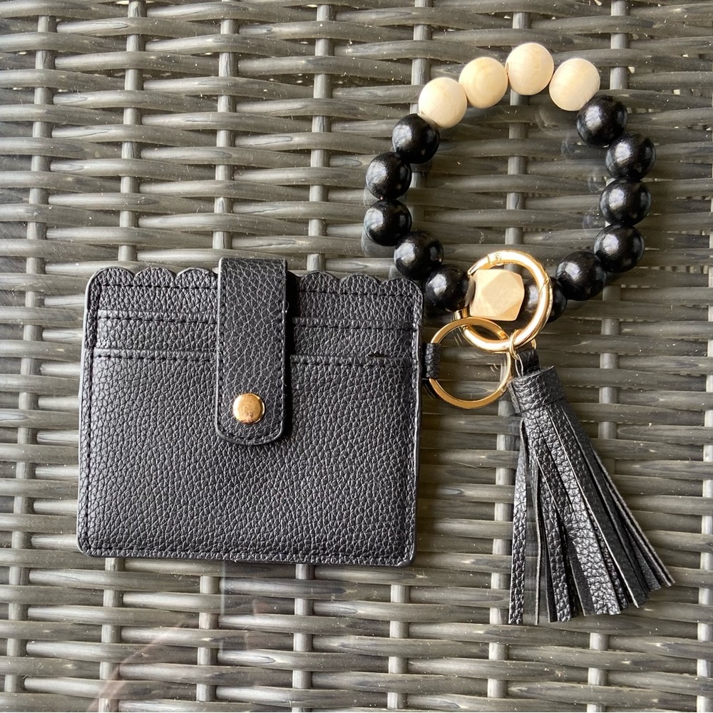 Black Leather Card Holder with Tassel Keychain